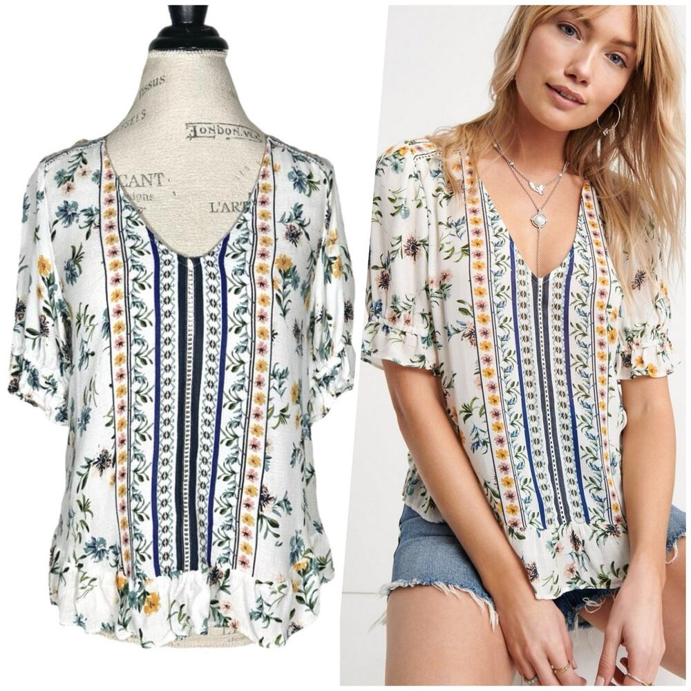 Lucky Brand | Women | Maya Floral Print Ruffle V-Neck Blouse Top | Size Small
